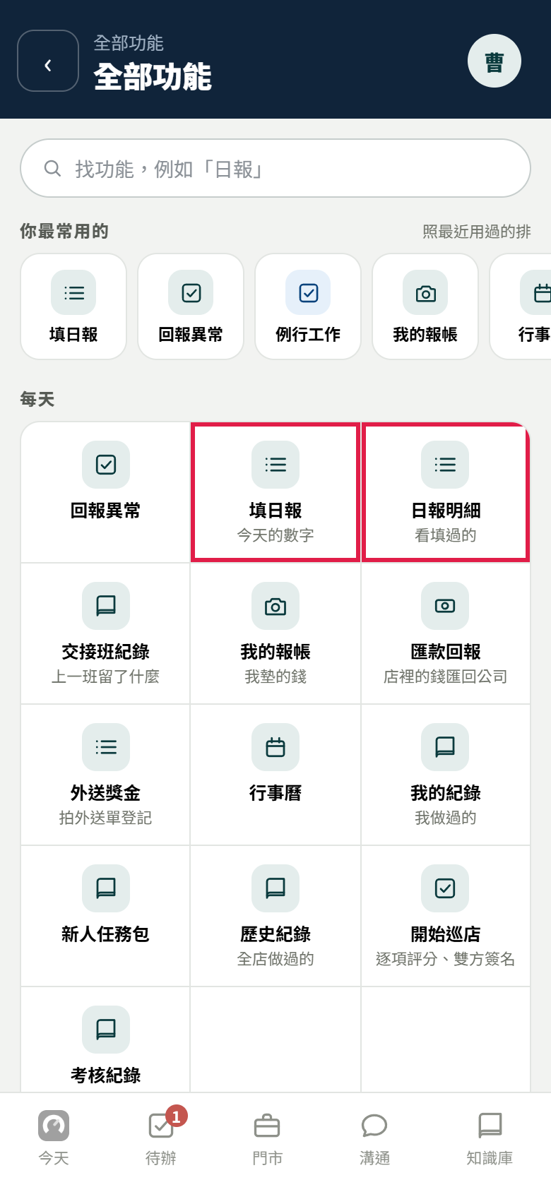 全部功能頁,每天那一區紅框框住填日報(今天的數字)和日報明細(看填過的)兩格