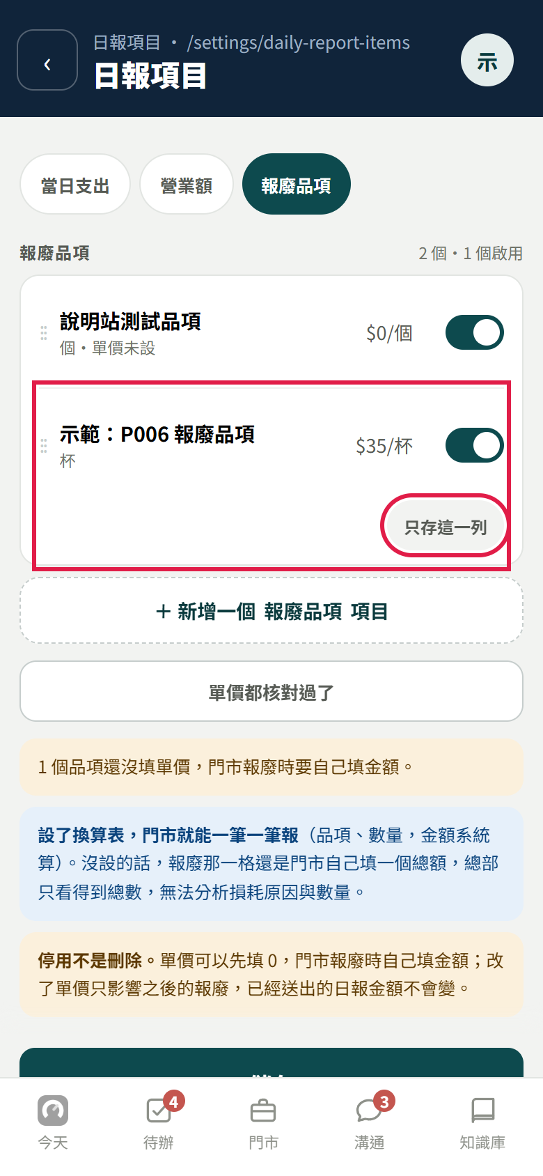 日報項目的報廢品項分頁,紅框標出新加的示範報廢品項,單價 35 元、單位杯,以及只存這一列按鈕