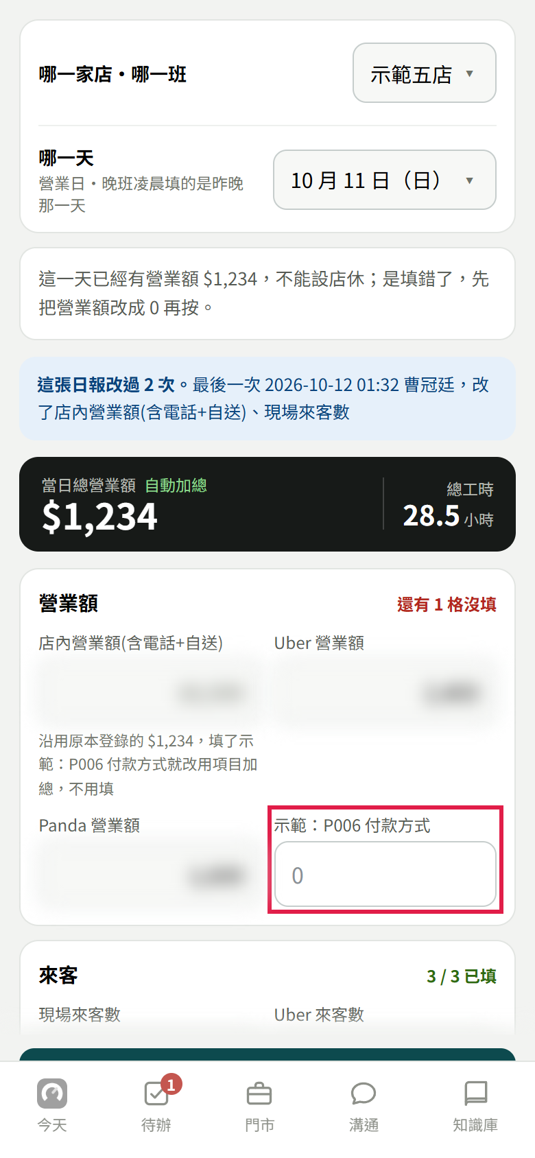 店長的填日報畫面,營業額那一組多了一格示範付款方式,店內營業額下方寫著改用項目加總