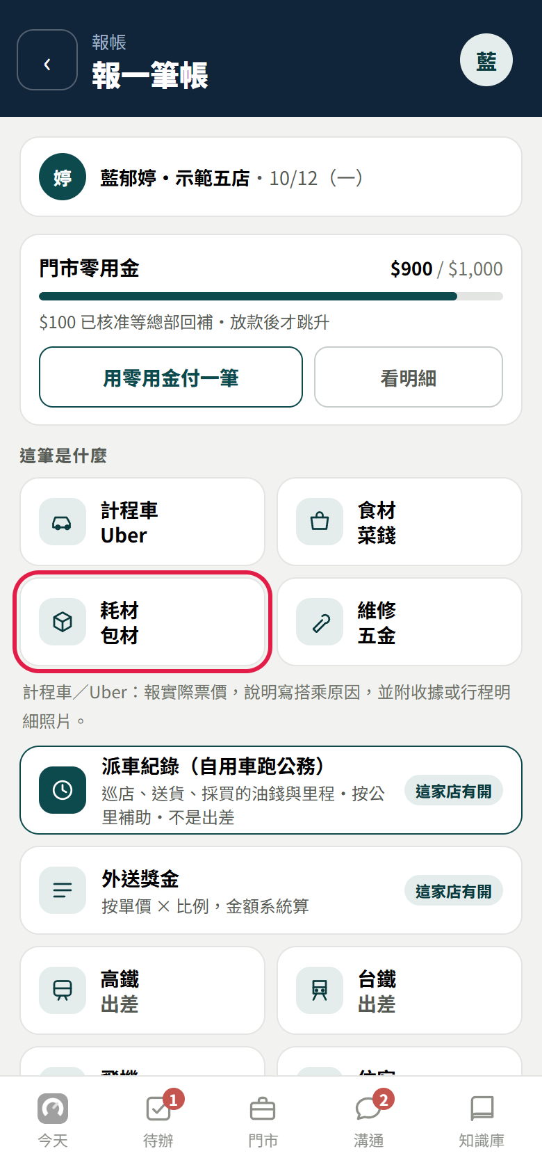 報一筆帳第一頁:上面是申請人、門市和日期,再來是門市零用金,下面「這筆是什麼」的格子,紅框框住【耗材 包材】