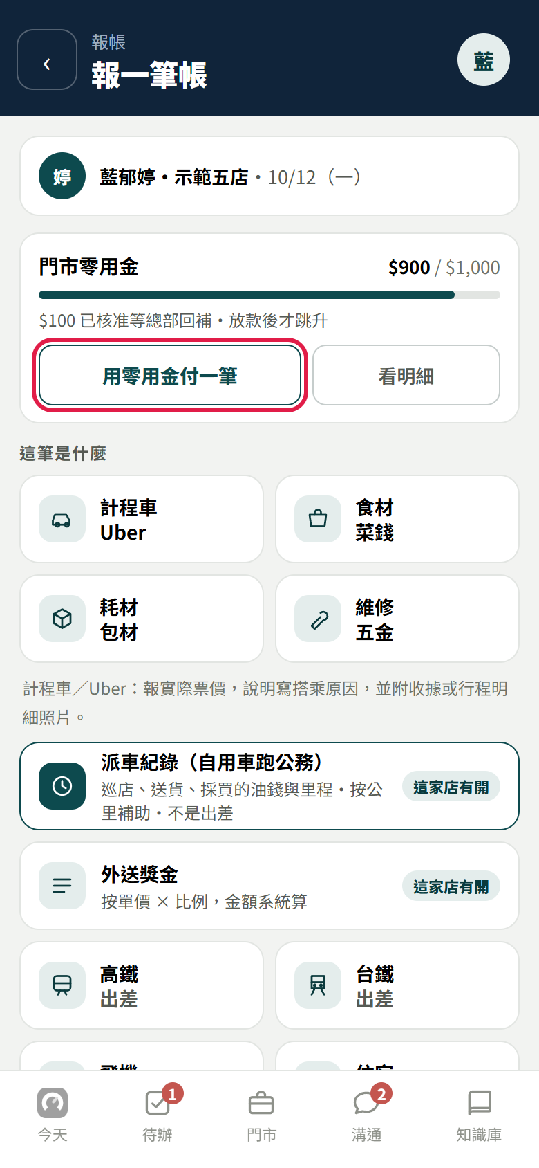 報一筆帳最上面的門市零用金那一格,顯示 900/1,000,紅框框住【用零用金付一筆】