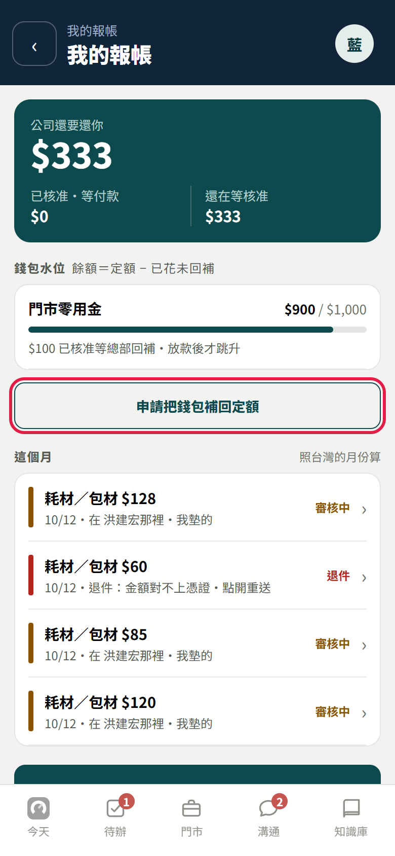 我的報帳:門市零用金水位 900/1,000,下面紅框框住【申請把錢包補回定額】