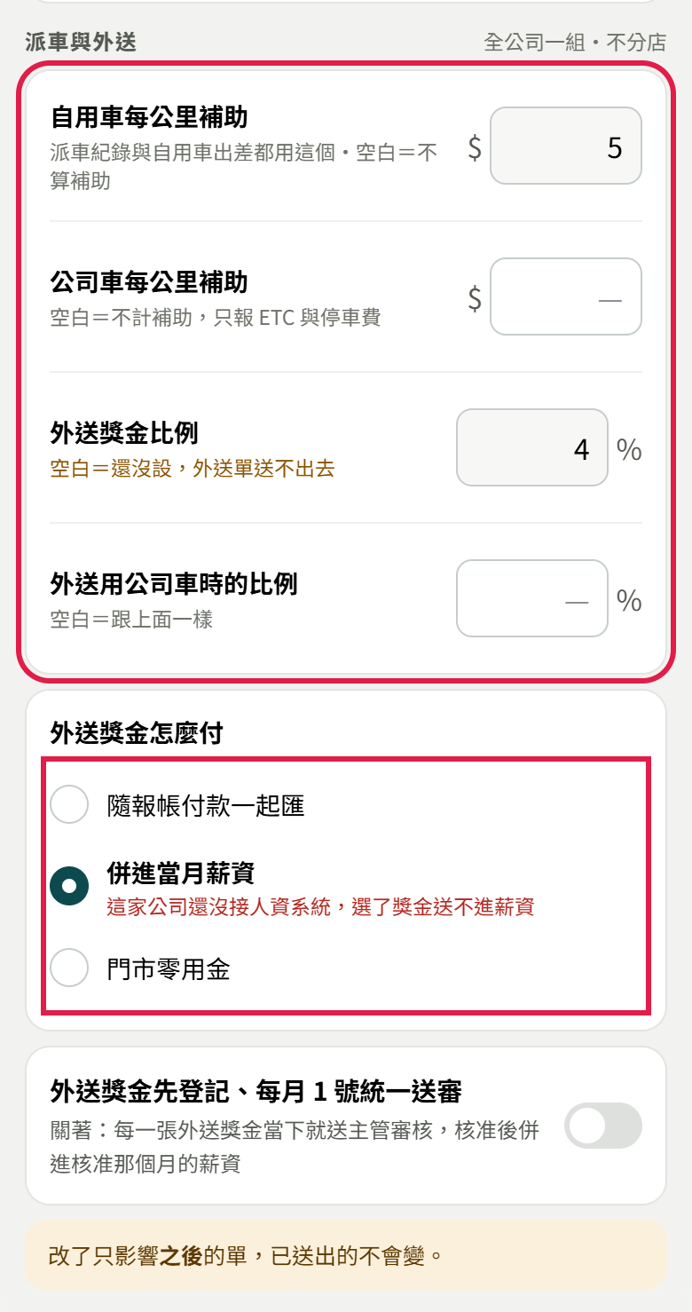 全公司預設往下滑到派車與外送：紅框框住自用車每公里補助、公司車每公里補助、外送獎金比例、外送用公司車時的比例四格，另一個紅框框住外送獎金怎麼付的三個選項