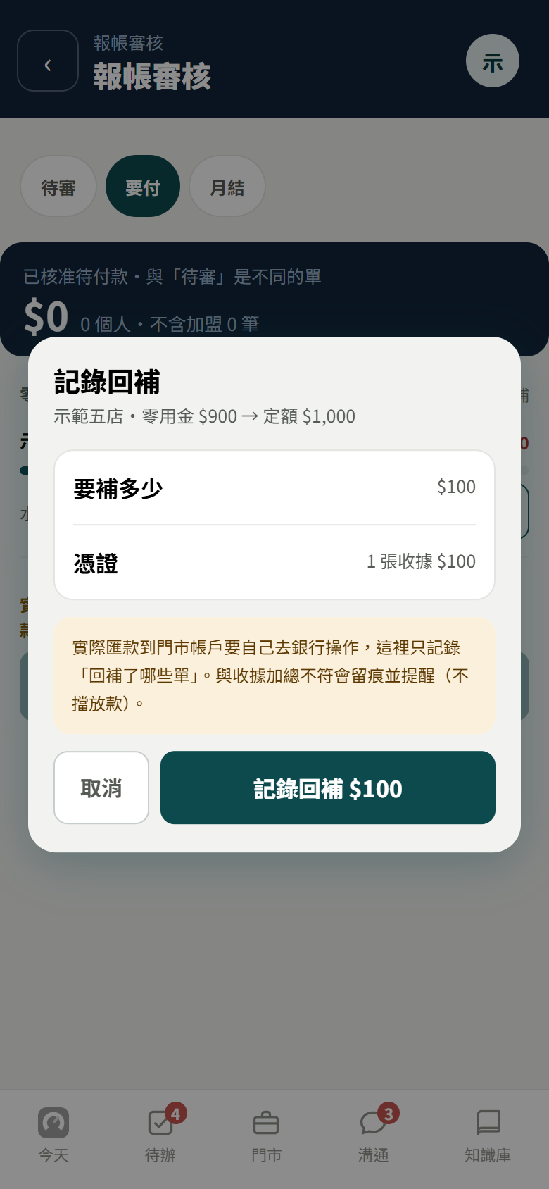 記錄回補視窗：示範五店零用金 900 元到定額 1,000 元，要補多少 100 元，憑證 1 張收據 100 元，下面是取消和記錄回補 100 元