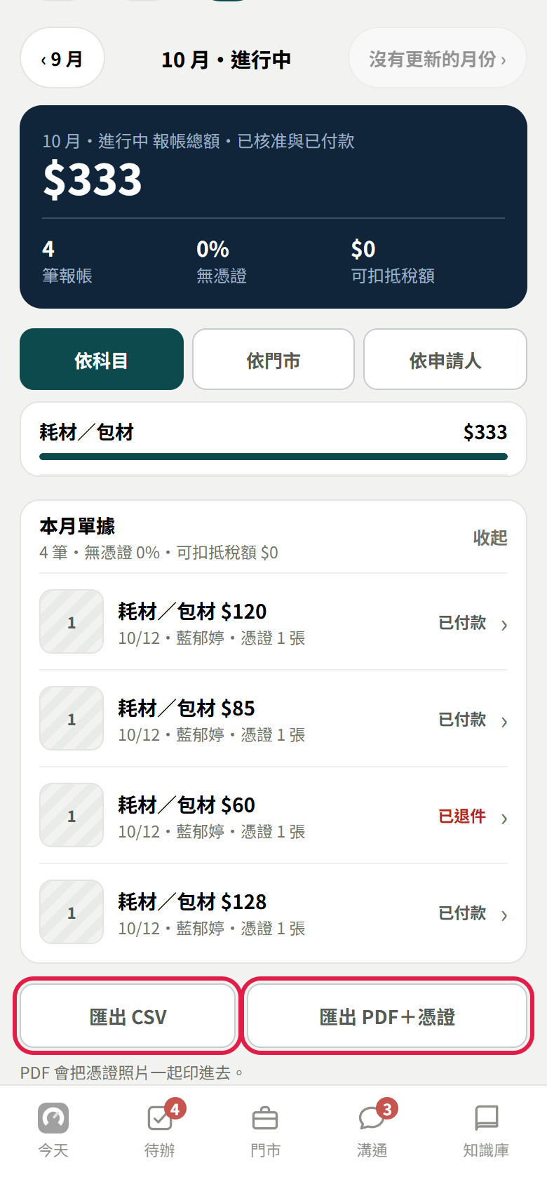 月結往下：本月單據展開，四筆示範單分別是已付款、已付款、已退件、已付款；最下面紅框框住匯出 CSV 和匯出 PDF＋憑證