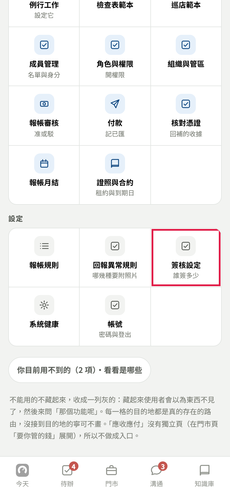 全部功能的設定區，紅框框住簽核設定（誰簽多少）