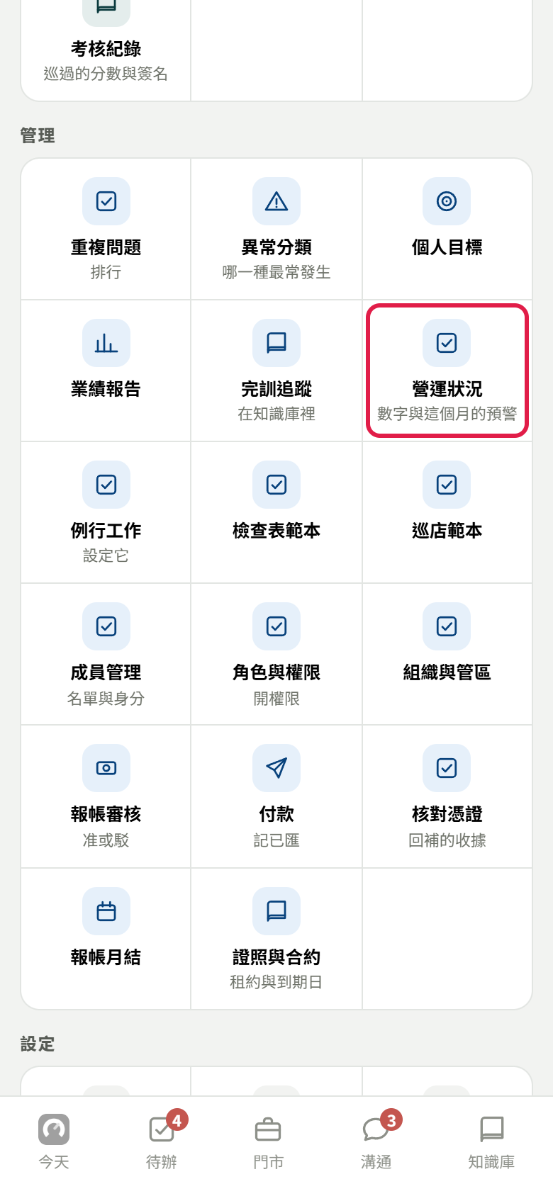 全部功能的「管理」那一組,紅框框住【營運狀況】,下面小字寫數字與這個月的預警