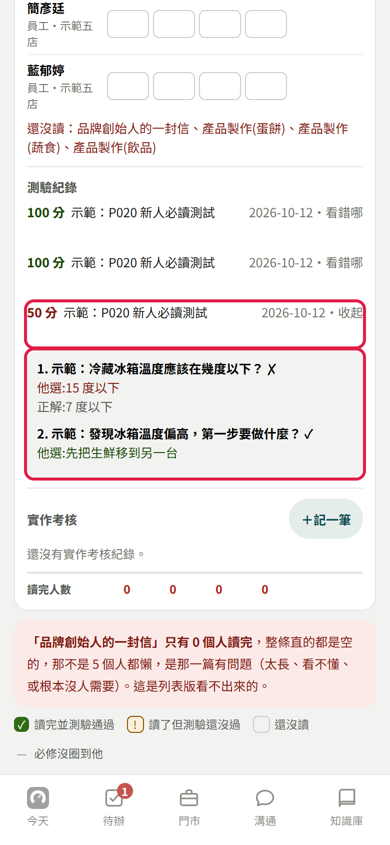 測驗紀錄點開 50 分那一次:紅框框住那一列和下面的逐題明細,第 1 題打叉,他選 15 度以下、正解 7 度以下;第 2 題打勾