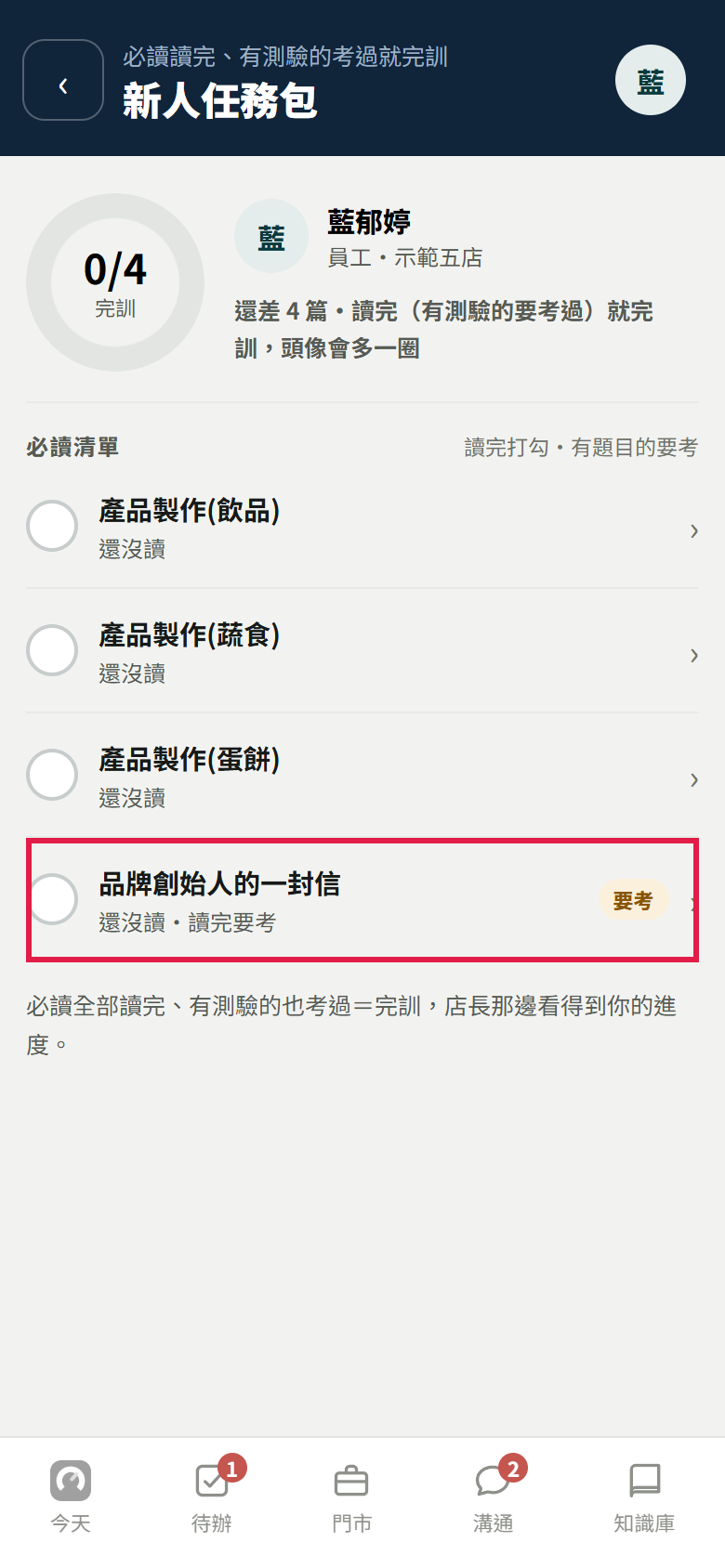 新人任務包：圓圈寫 0/4 完訓，旁邊寫還差 4 篇，必讀清單四篇都還沒讀，最後一列寫還沒讀・讀完要考、右邊有要考，紅框框住那一列