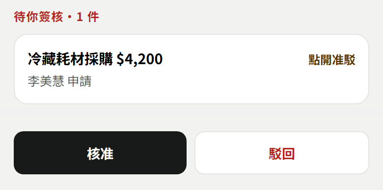 待你簽核區塊(上)與點進單子後的核准、駁回兩顆鈕(下)