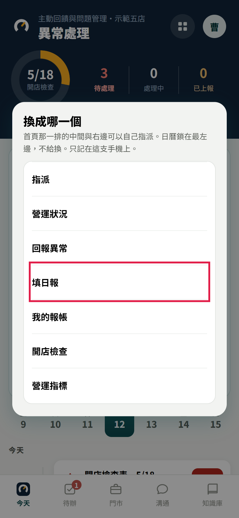按住常用功能中間那顆後跳出的「換成哪一個」視窗，選項有指派、營運狀況、回報異常、填日報、我的報帳、開店檢查、營運指標，紅框框住填日報