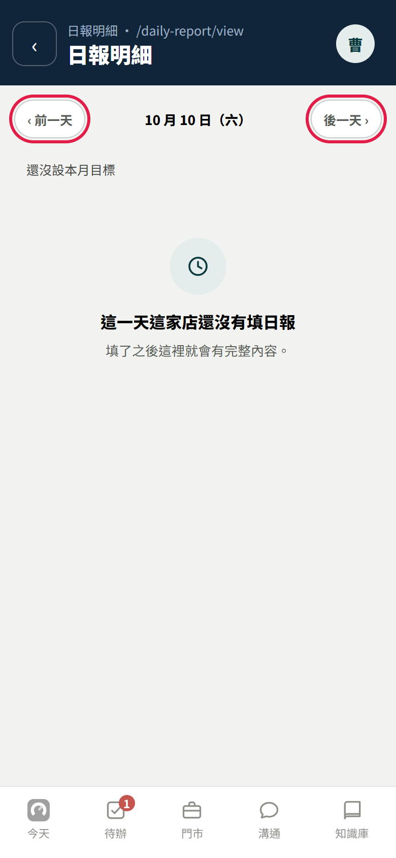 日報明細 10 月 10 日（六）：還沒設本月目標，中間寫「這一天這家店還沒有填日報，填了之後這裡就會有完整內容」，紅框框住【‹ 前一天】和【後一天 ›】