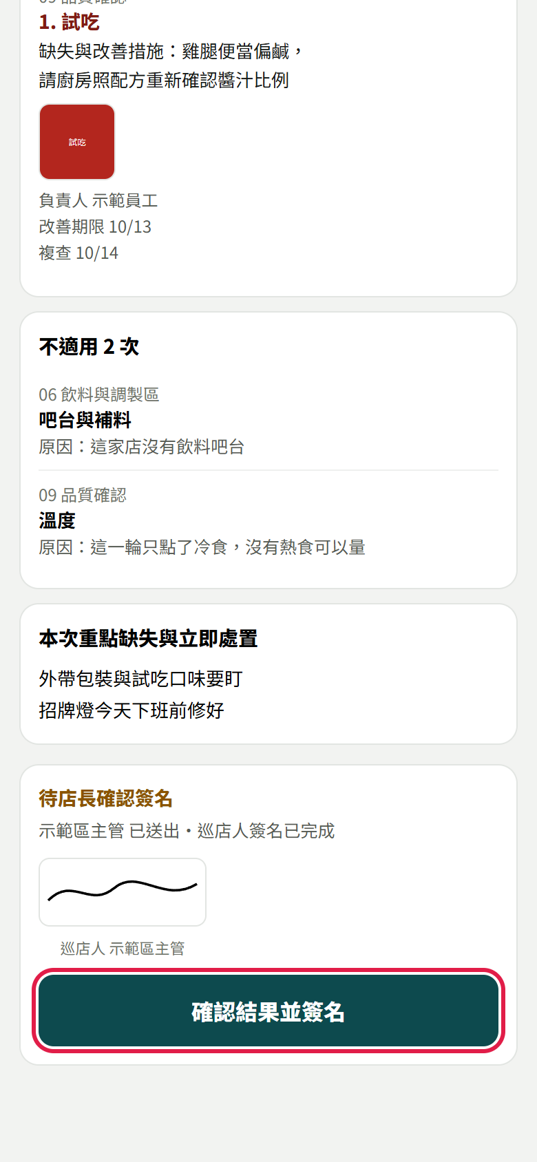 店長打開巡檢表結果的最下面：不適用 2 次、本次重點缺失與立即處置、待店長確認簽名、巡店人簽名，紅框框住確認結果並簽名