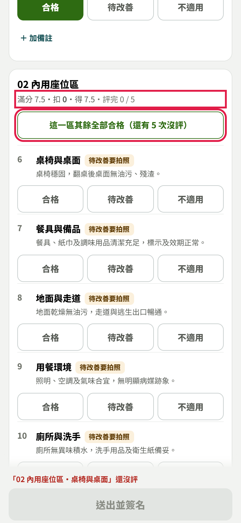 02 內用座位區：標題下面寫滿分 7.5・扣 0・得 7.5・評完 0 / 5，下面一顆這一區其餘全部合格（還有 5 次沒評），兩處都有紅框