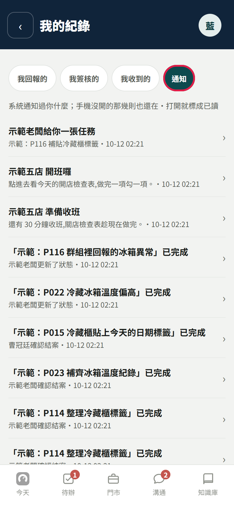 我的紀錄切到【通知】（紅框），說明寫系統通知過你什麼，手機沒開的那幾則也還在，打開就標成已讀；下面是一則一則的通知，例如示範老闆給你一張任務、某件示範任務已完成