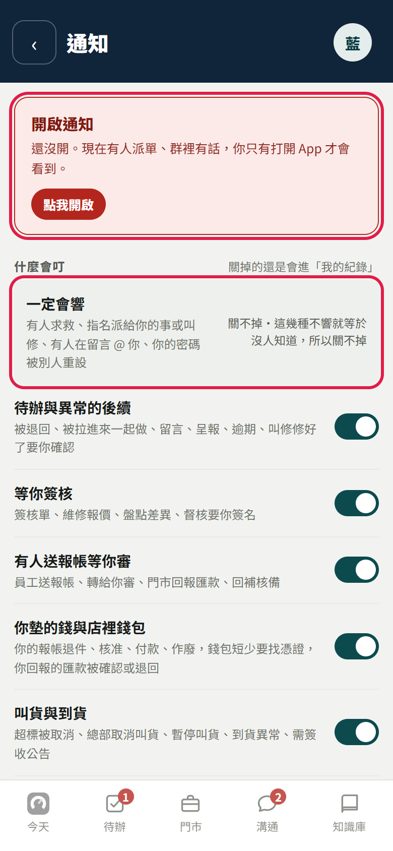 通知頁上半段：紅框框住紅色的開啟通知卡，寫還沒開，現在有人派單、群裡有話，只有打開才會看到，下面是點我開啟；另一個紅框框住什麼會叮裡灰底的一定會響，寫關不掉