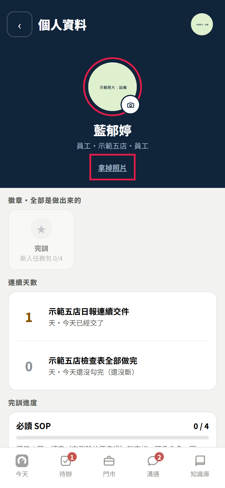 換好照片後重新整理的個人資料頁：大頭貼已經是示範照片，右上角的小頭像也換了；紅框框住大頭貼，和下面的【拿掉照片】