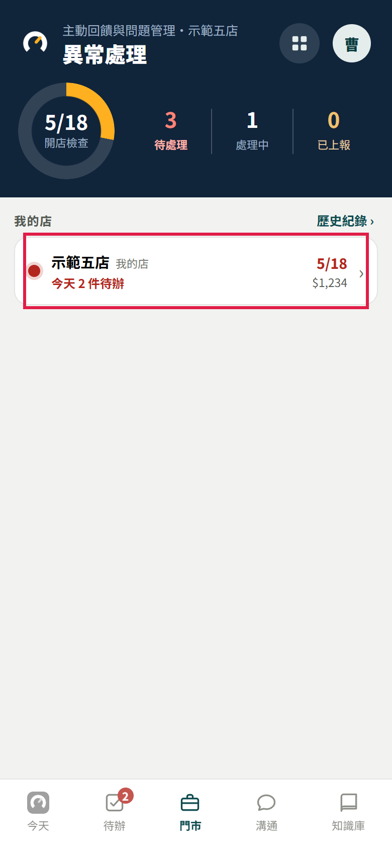 店長的門市分頁只有「我的店」一列,紅框框住那家示範門市