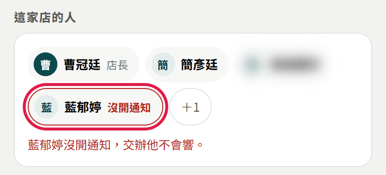 這家店的人那一段:店長排第一個,紅框框住一位寫著沒開通知的示範員工,下面一行紅字寫他沒開通知、交辦他不會響