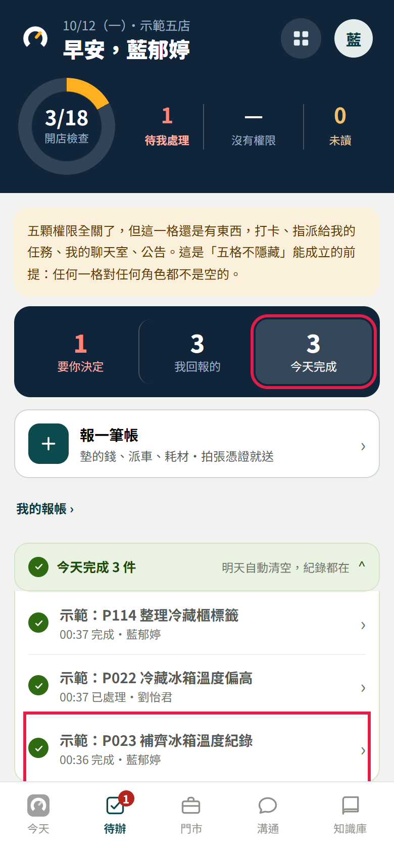 員工待辦頁切到【今天完成】,展開的清單最後一列是結案的任務,寫著完成時間,紅框框住【今天完成】與那一列