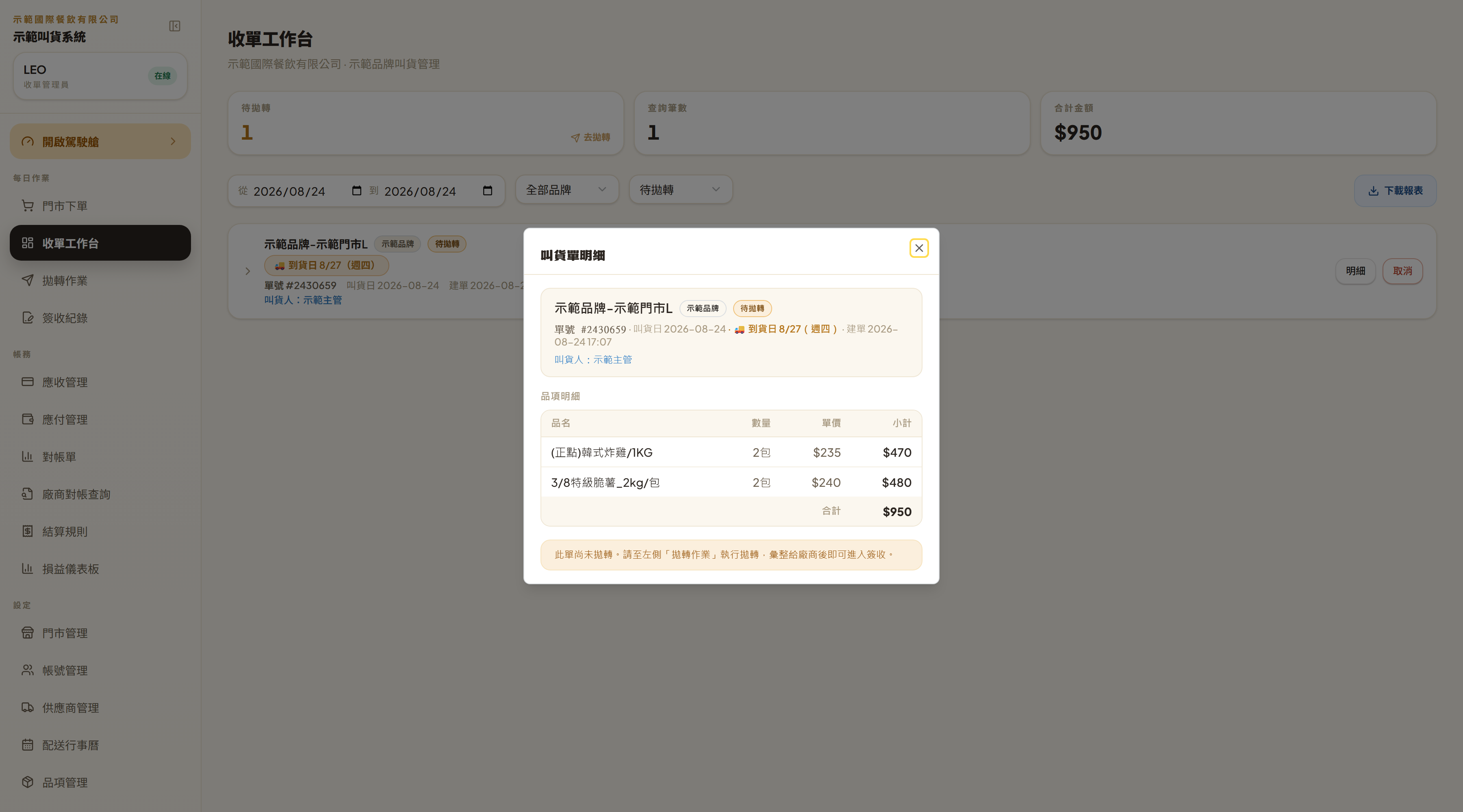 叫貨單明細彈窗：門市與單號、逐品項的數量單價小計與合計，最下面提示這單尚未拋轉