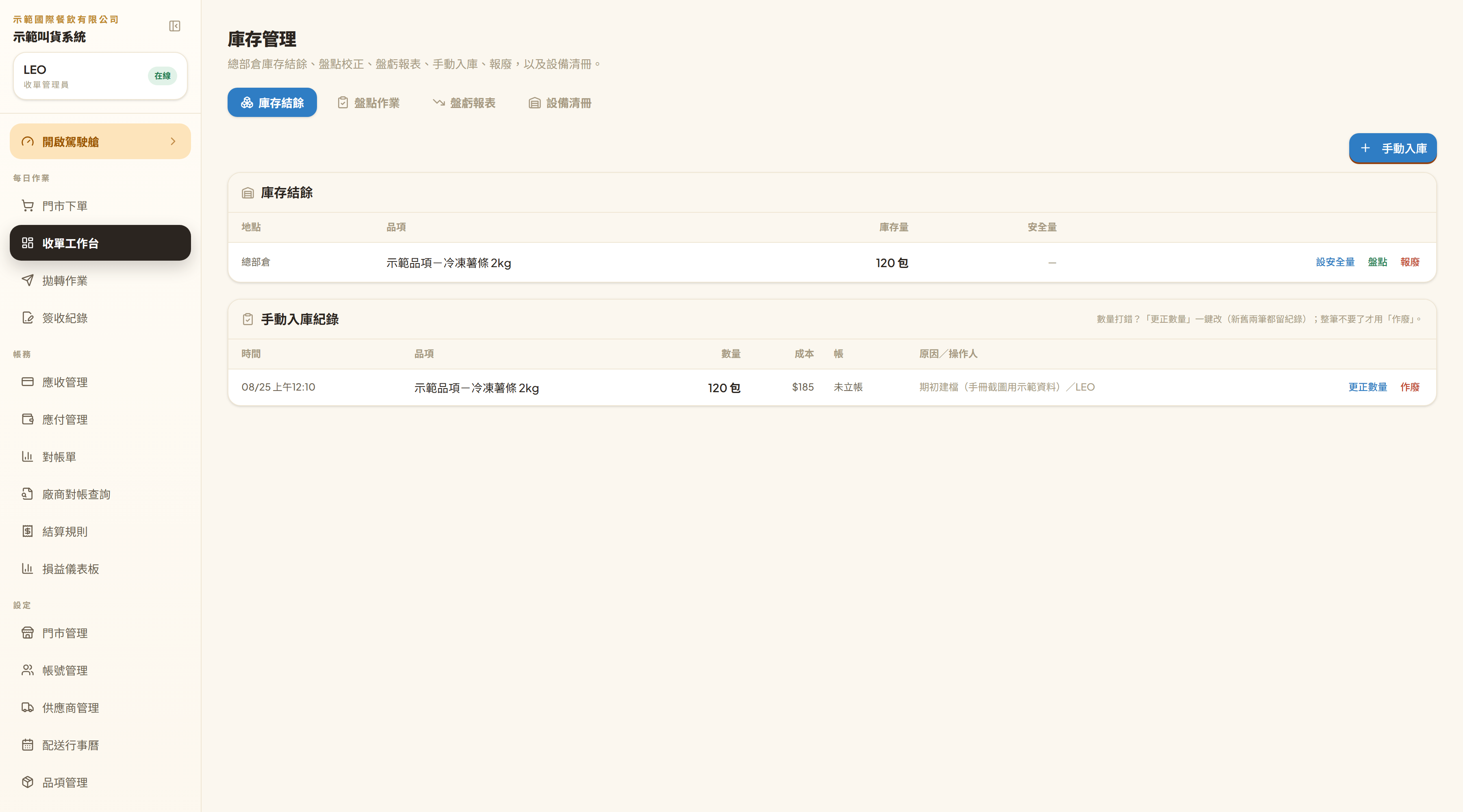 庫存結餘:地點、品項、庫存量、安全量四欄,右邊每一列有「設安全量」「盤點」「報廢」;下面是手動入庫紀錄