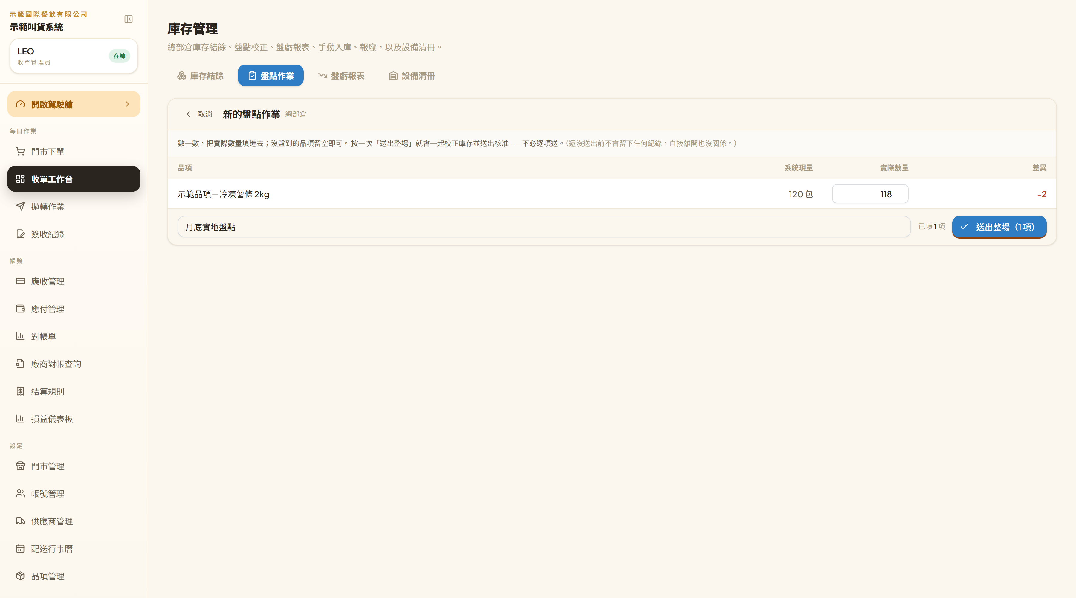 新的盤點作業:逐項列出系統現量與可填的實際數量,右邊自動算出差異(填 118 對 120 就顯示紅色 −2),下面是必填的盤點原因與「送出整場(N 項)」