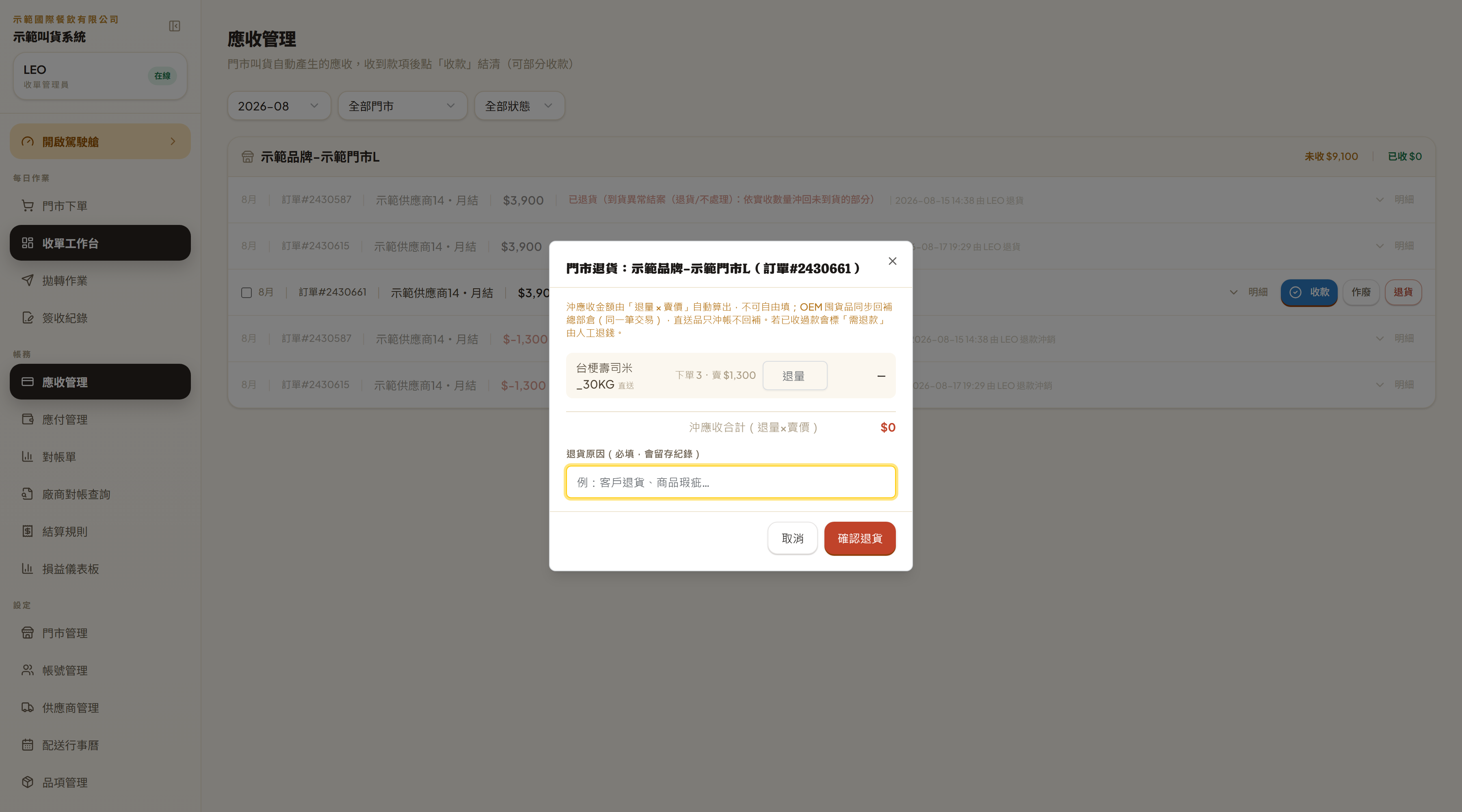 門市退貨彈窗：上面紅字說明沖應收金額由「退量×賣價」自動算出、不可自由填，中間逐品項填退量，下面是必填的退貨原因