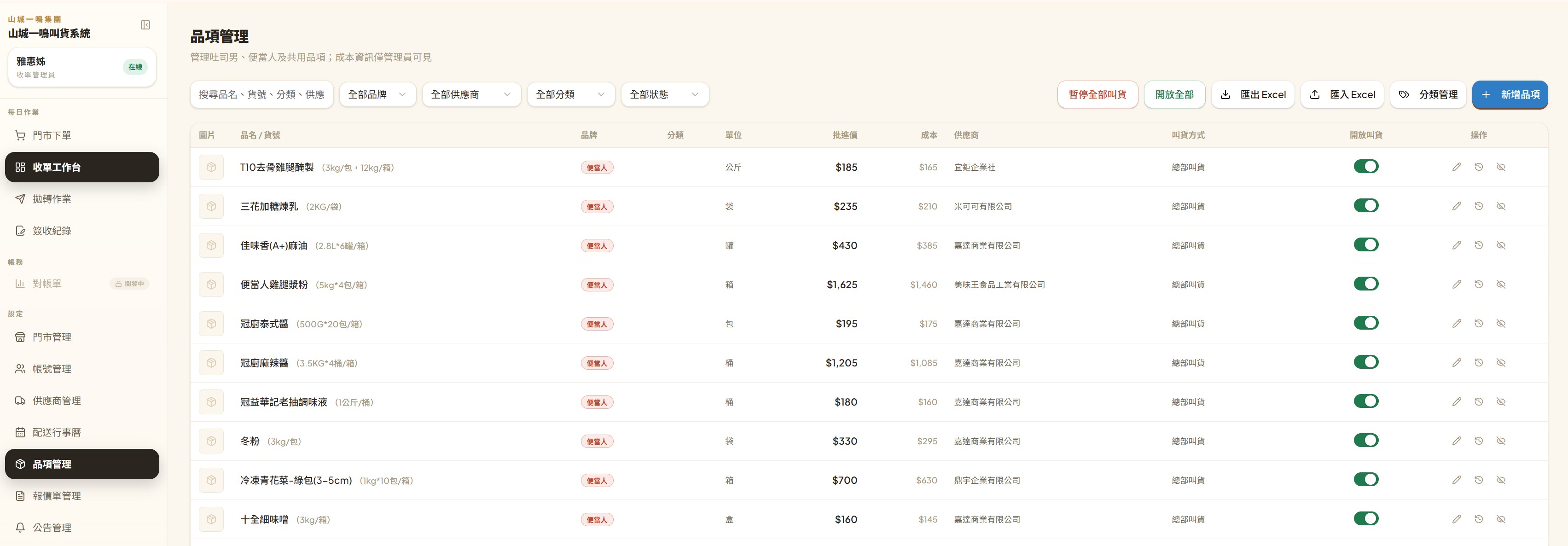 品項管理列表：搜尋與篩選列、批進價／成本／供應商／叫貨方式欄位與「開放叫貨」開關（畫面為山城示範資料）