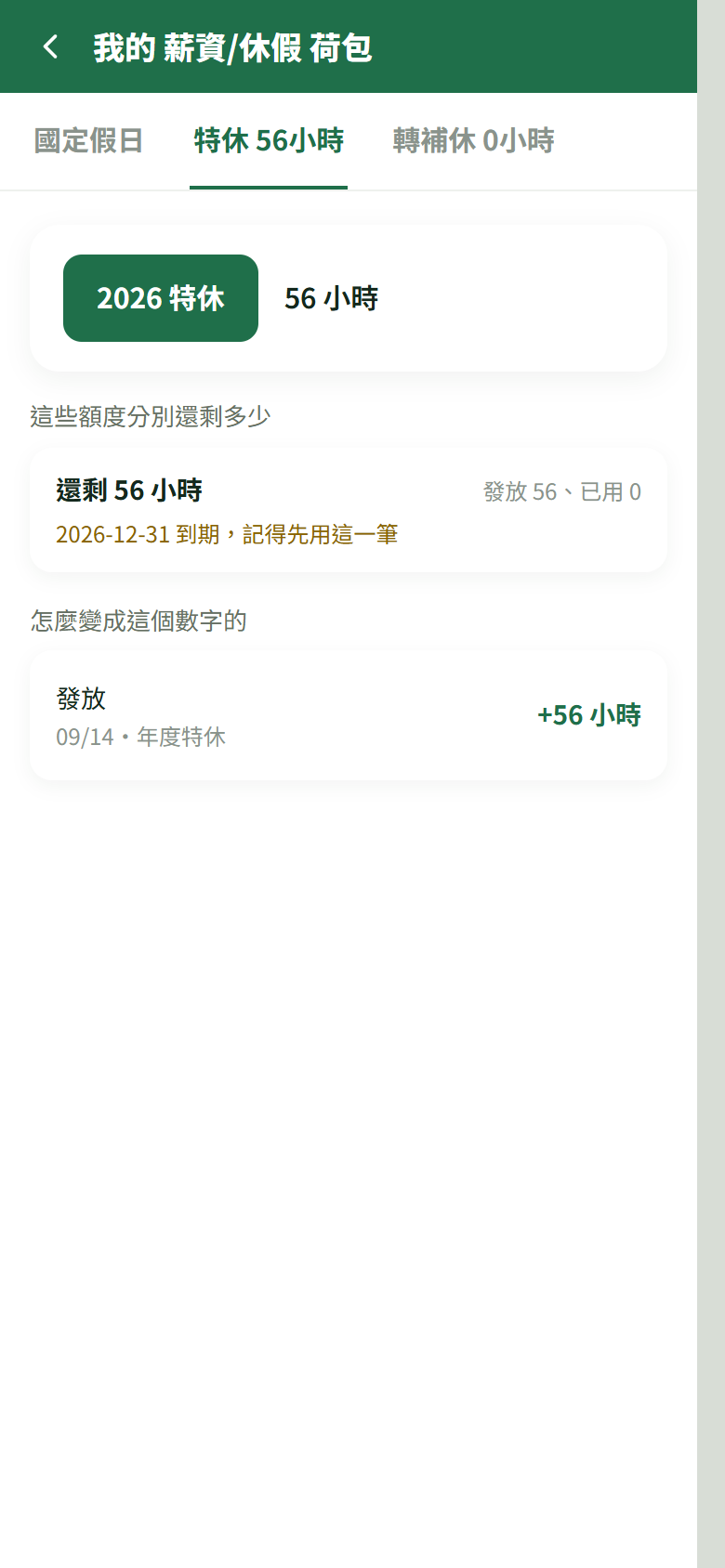 隔離示範特休荷包,顯示 56 小時總額、逐筆額度與發放流水