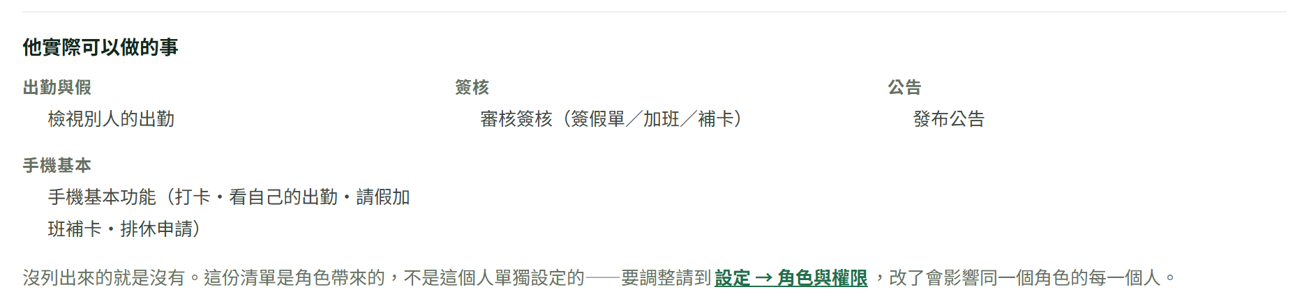 員工詳情的「他實際可以做的事」:照群組列出白話功能(出勤與假、簽核、公告、手機基本),最下面一行說明沒列出來的就是沒有,要調整請到設定→角色與權限
