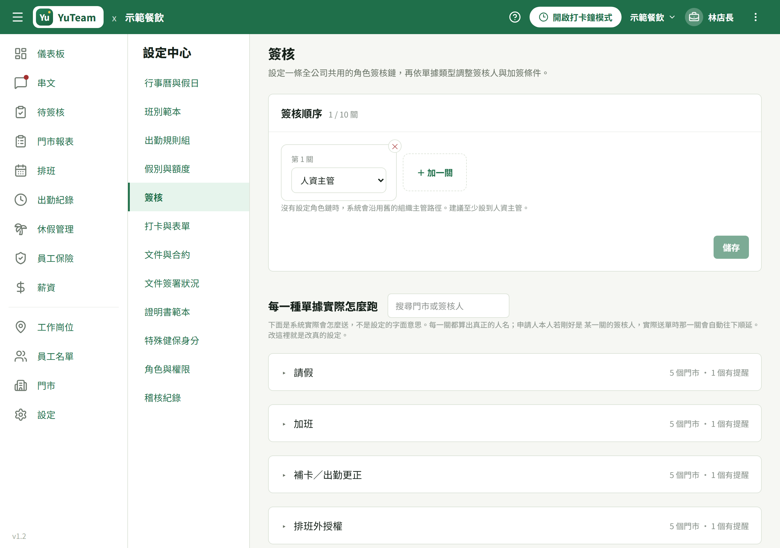 設定中心「簽核」分頁全貌