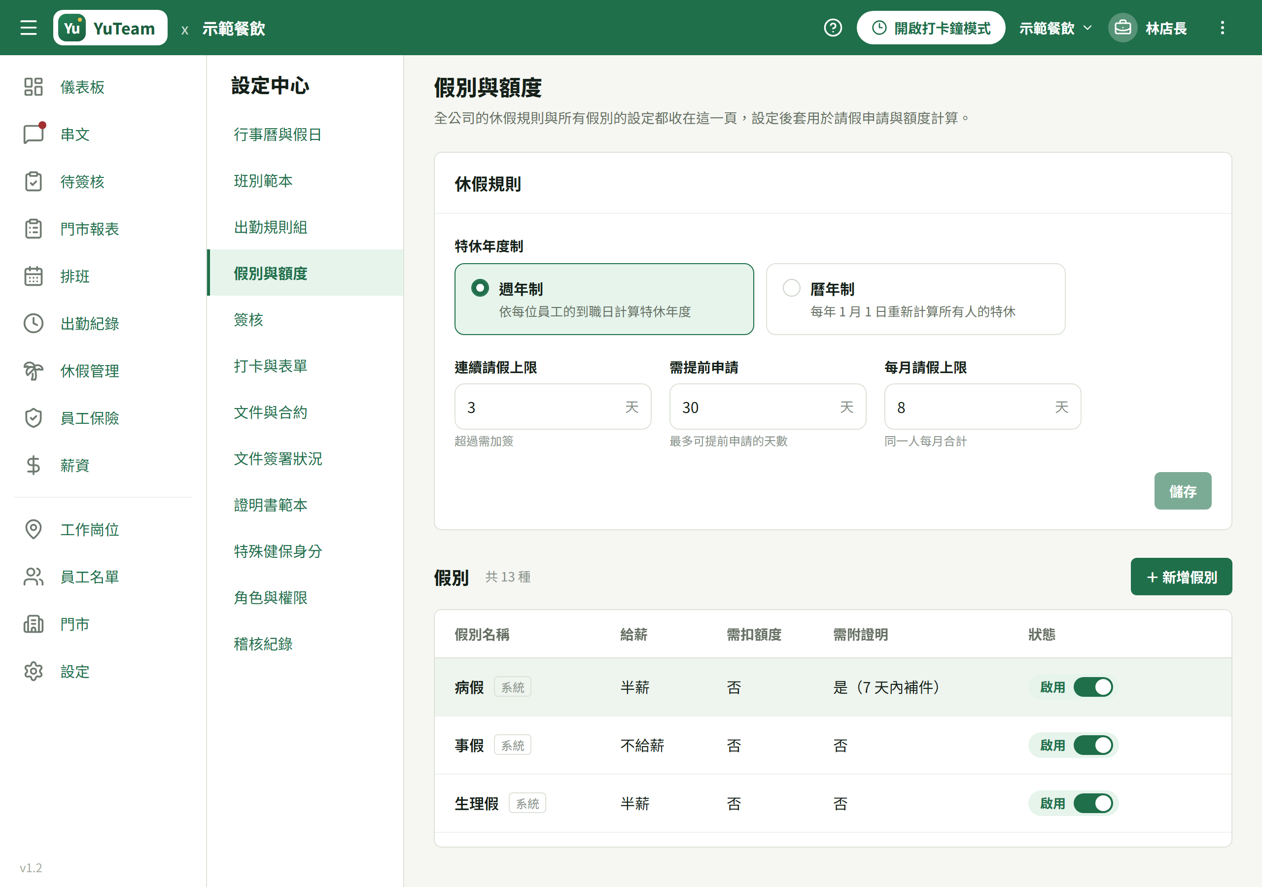 假別編輯視窗上半(給薪比例/需要扣額度/計入出勤)