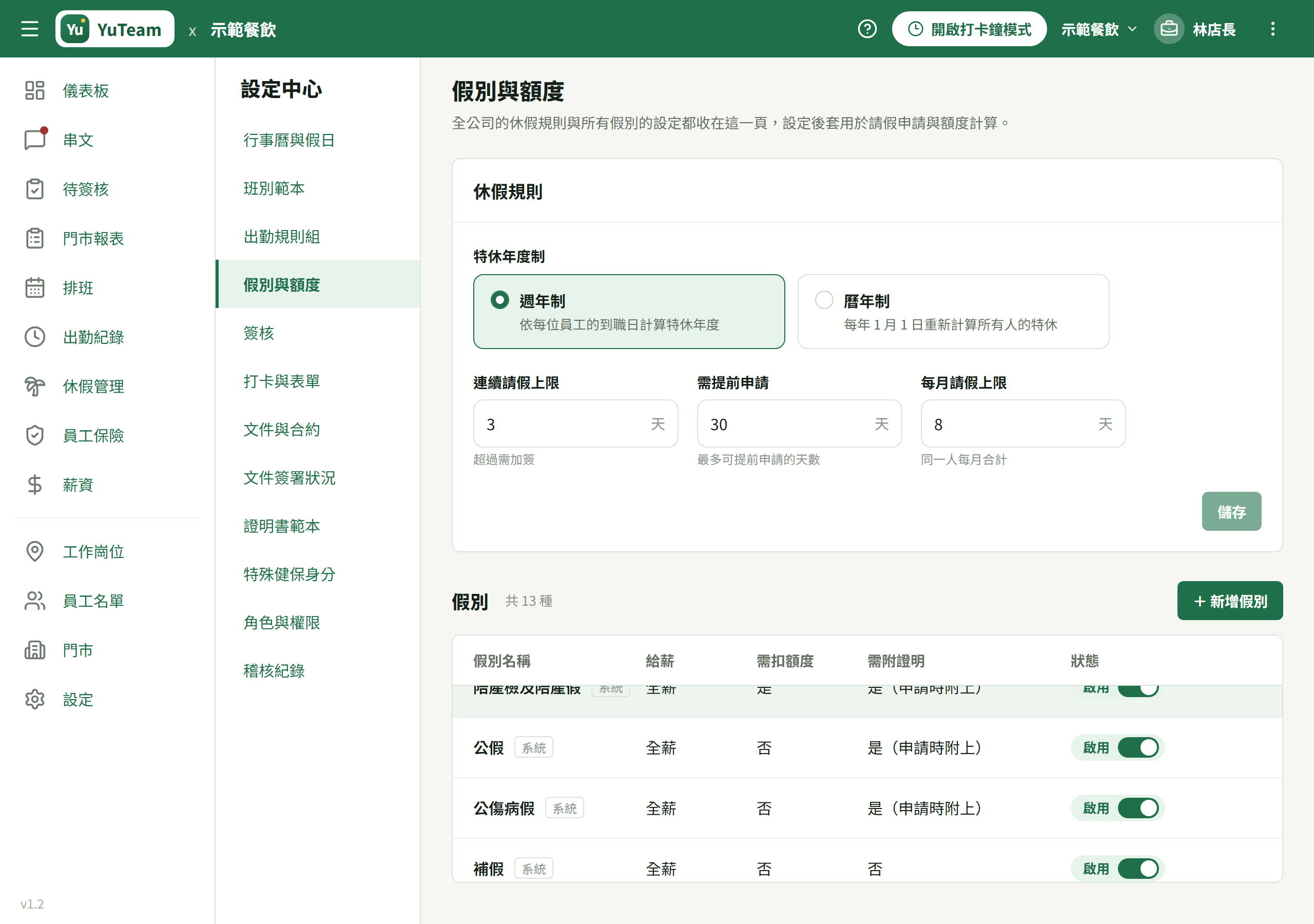 假別編輯視窗的申請限制(補件期限/每月時數上限/超過時數通知主管/通知對象)