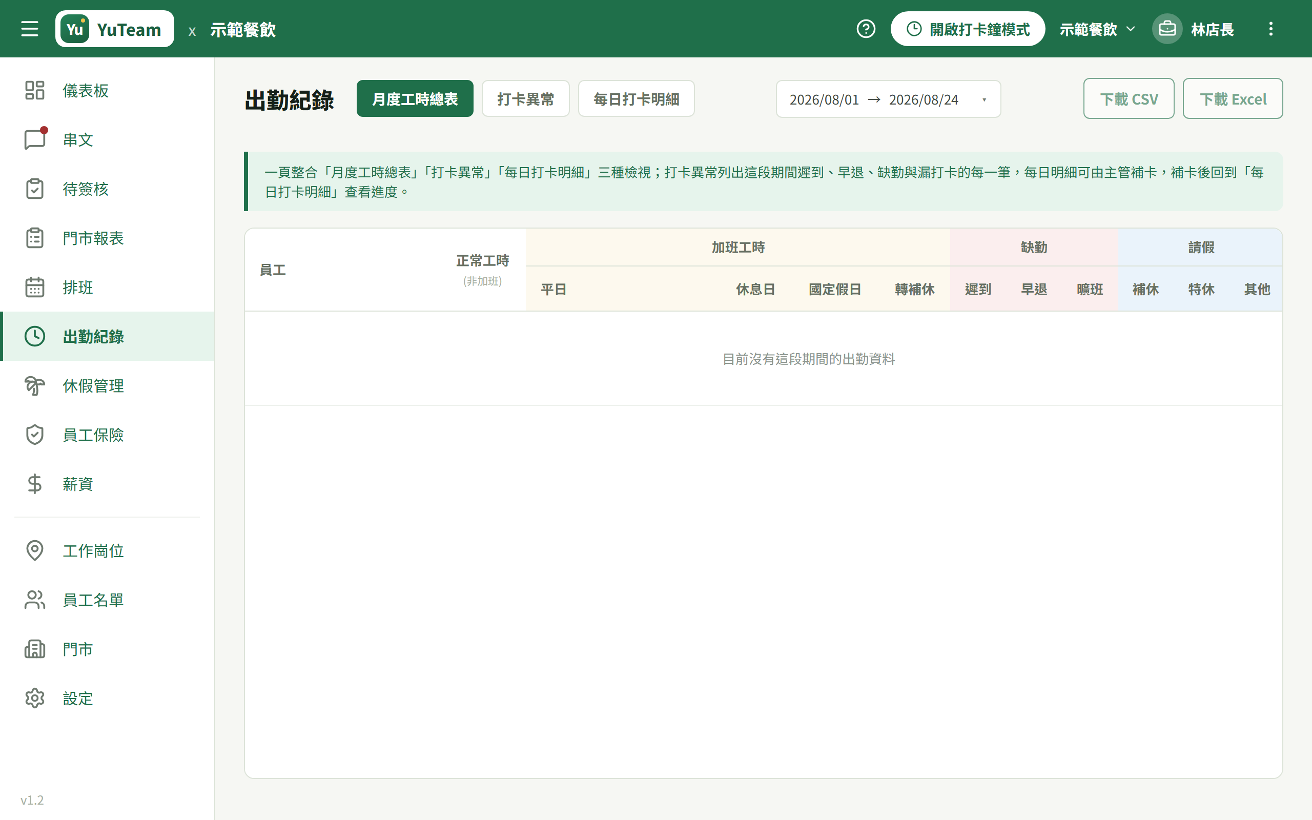 後台 → 出勤紀錄 → 每日打卡明細,日期範圍選單