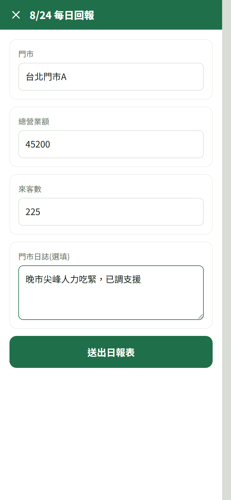 每日回報表單(門市/總營業額/來客數/門市日誌)