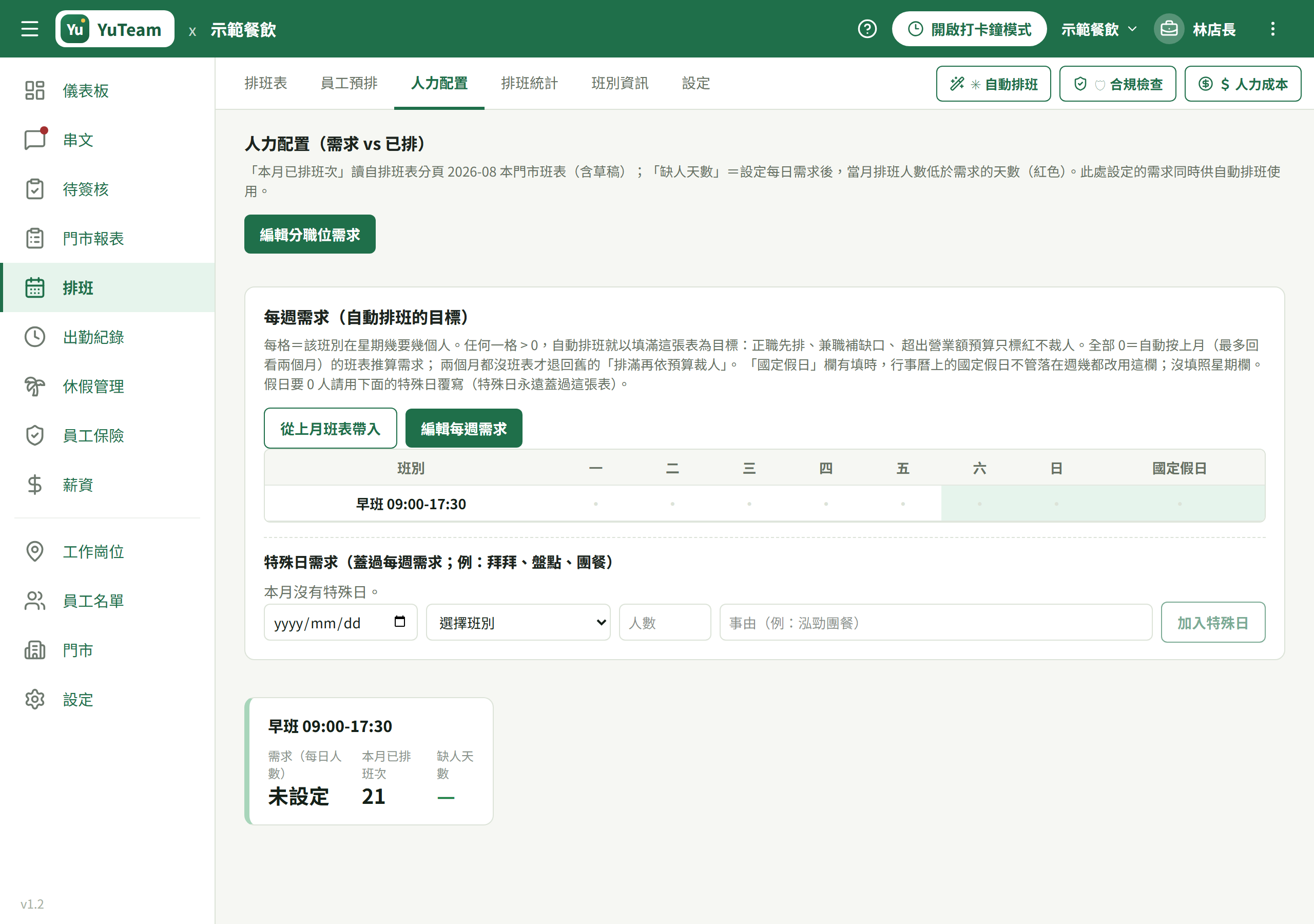 人力配置分頁，每週需求表